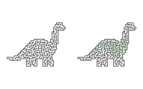 Hard dinosaur maze with solution for kids printable educational labyrinth game in black and white