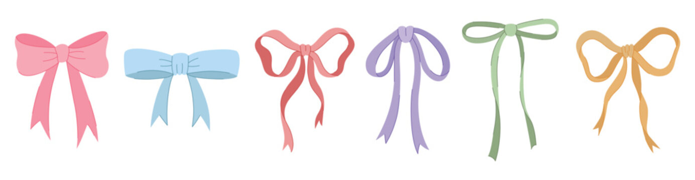 Bows colorful ribbon set vector illustration. Flirty coquette style ribbon knots collection with pastel rainbow aesthetic. Childish silly doodle clipart icons isolated on white background.