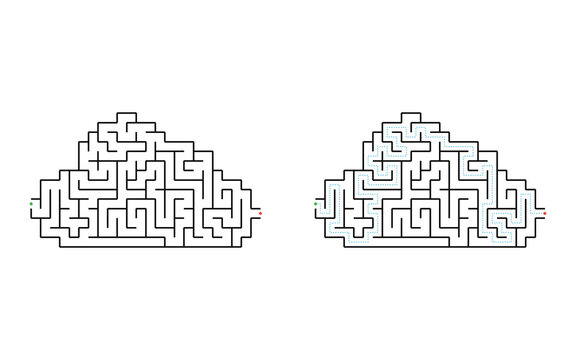 Medium cloud maze puzzle with solution for kids black and white printable educational labyrinth game