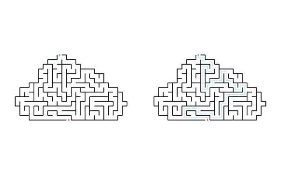 Easy cloud maze puzzle with solution for kids black and white printable educational labyrinth game