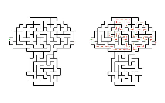 Medium mushroom maze puzzle with solution for kids black and white printable educational mushroom labyrinth game