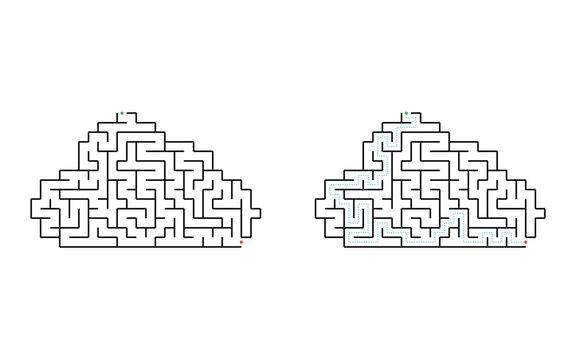 Easy mountain maze puzzle with solution for kids black and white printable educational nature labyrinth game