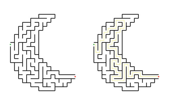 Easy crescent moon maze puzzle with solution for kids black and white printable educational space labyrinth game