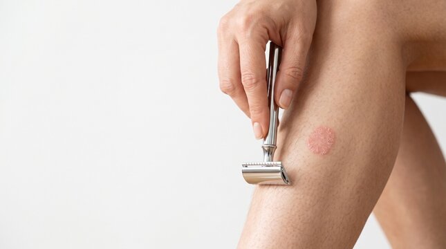 Woman Shaving Leg with Razor on White Background