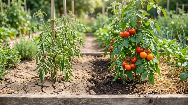 Tomato Plants Growing in a Sunny Vegetable Garden
