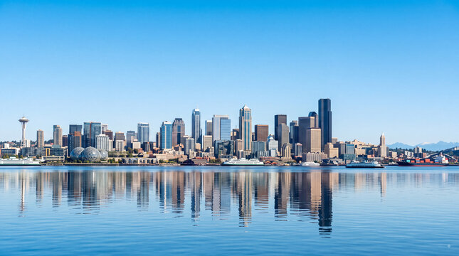 Panoramic cityscape of Seattle skyline with the Space Needle and urban skyscrapers reflecting on the calm blue waters of Elliott Bay under a clear sky.
