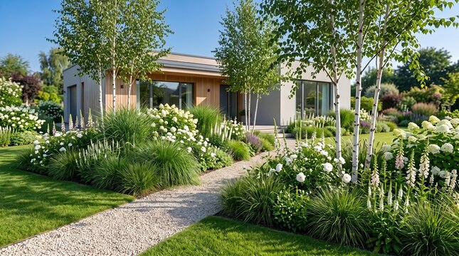 Landscaped Front Yard with Curved Gravel Path