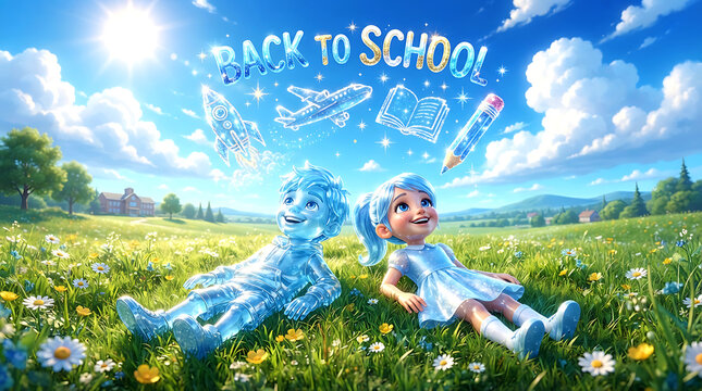 Back to School Concept with Glowing 3D Kids Lying on Flower Field Dreamy Outdoor Background, Children Education and Creativity Banner