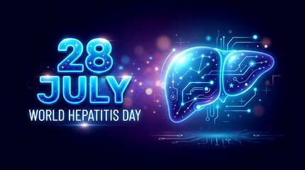 Fototapeta premium World Hepatitis Day Concept with Glowing Digital Human Liver and Circuit Board Pattern, Futuristic Medical Technology Background