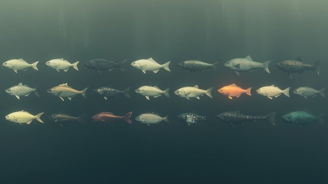 Underwater fish school, orange leader, murky water, leadership concept