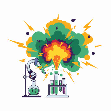 Vibrant chemical explosion with colorful smoke cloud and scientific lab test tubes, concept for breakthrough research and discovery, ideal for STEM education posters and chemistry cover design