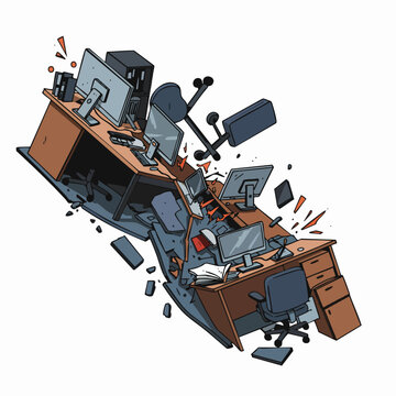 Chaotic office workplace collapse with flying computer monitors, broken wooden desks, and falling chairs, concept for business failure and stress, ideal for corporate crisis management articles.