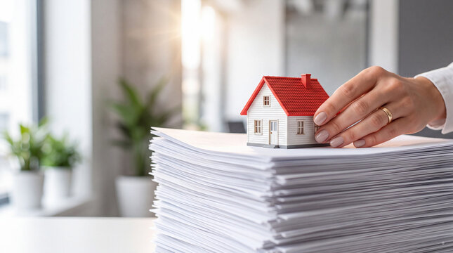 Real estate agent hand placing a small model house on top of a large stack of paperwork and documents in a bright modern office setting