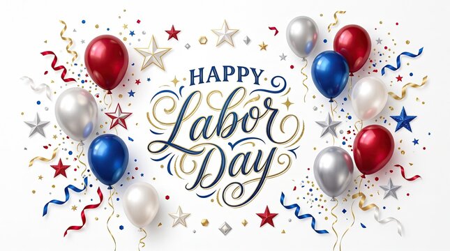 Happy labor day celebration background with red white and blue balloons stars and confetti on white