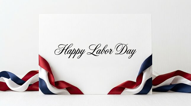 Elegant greeting card with happy labor day text and red white and blue fabric decorations on white background