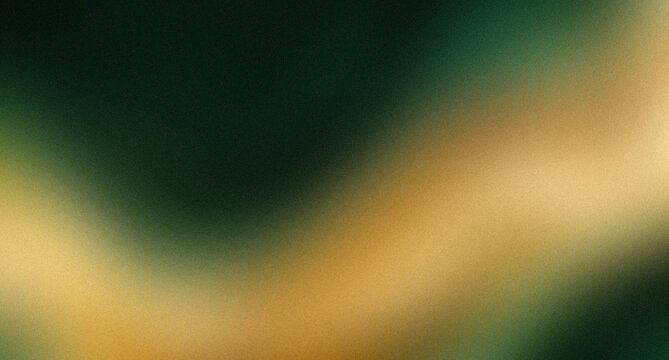 Abstract dark luxury background with glowing warm golden amber light wave deep emerald forest green gradient and vintage grainy noise texture