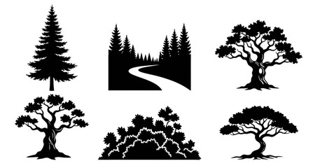 Collection of black silhouette trees and forest landscape vector illustrations © Ziaul_Studio