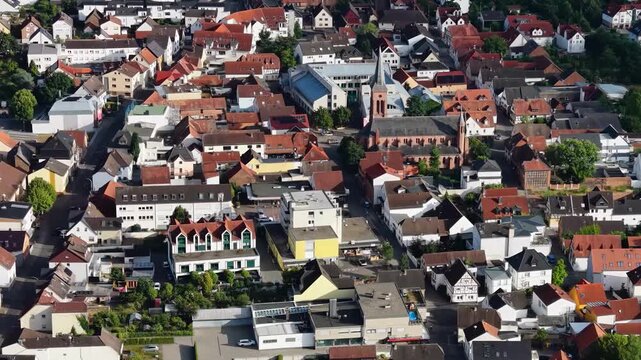  Aerial panorama view around the old town beside the city Rodgau in Germany Hesse on a sunny summer noon