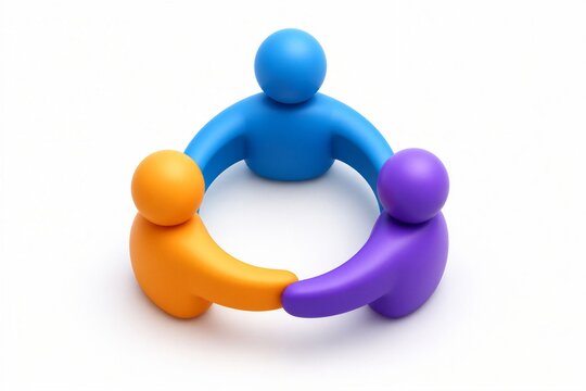 Three colored figures linking arms in circular formation on white
