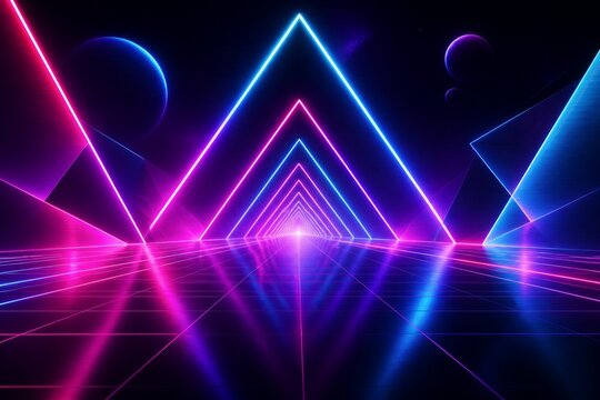 Neon triangle frames reflecting across glossy grid floor landscape
