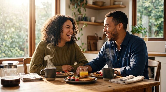 A young couple laughs while eating breakfast in a sunlit kitchen. They share coffee and healthy food in a warm, happy morning atmosphere. Perfect for lifestyle or relationship marketing.