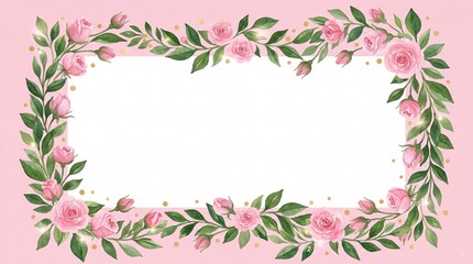 Obraz premium Elegant watercolor pink rose floral border frame with green leaves on soft pink background for wedding invitation, greeting cards, or romantic stationery design