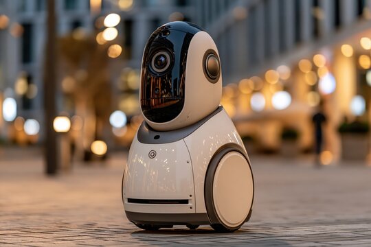 Autonomous delivery robot rolling in modern smart city street at dusk