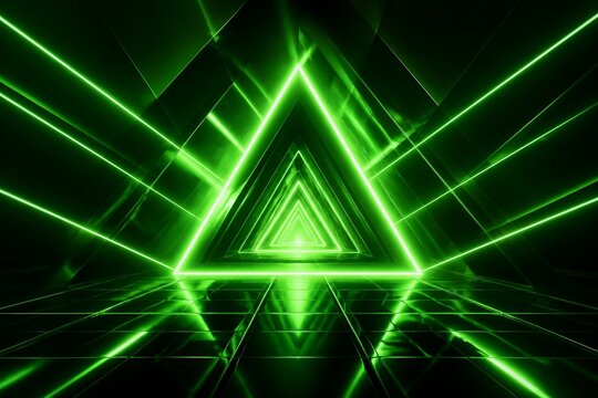 Neon triangle portal pulsing within reflective tunnel space