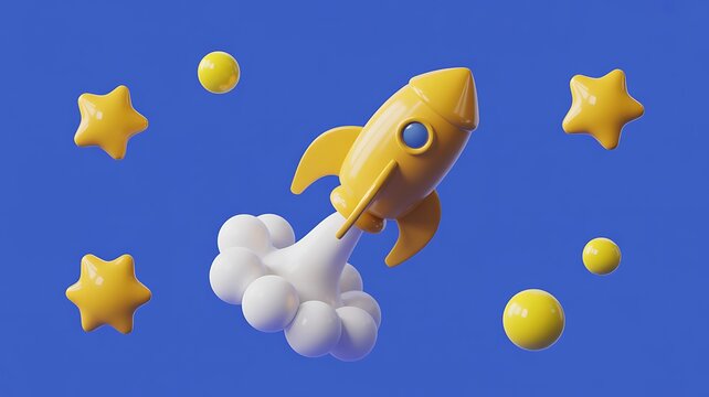 Yellow rocket launching into space with stars
