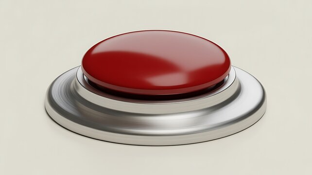 A shiny red emergency push button on a silver metal base