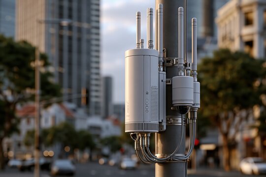 Small cell 5G base station transceiver mounted on urban street pole