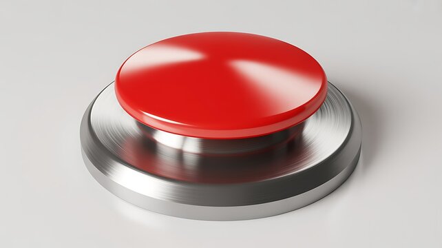 Shiny red circular panic button on a metal base