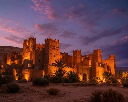 Moroccan Kasbah Fortress Glowing At Twilight In The Desert