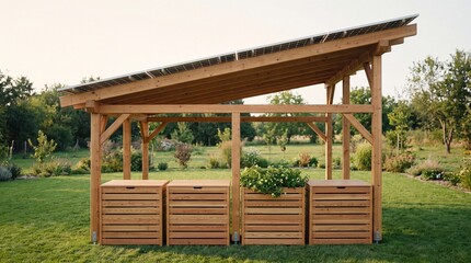 Fototapeta premium Wooden Pergola with Solar Panels Providing Sustainable Energy and Shaded Outdoor Living Space