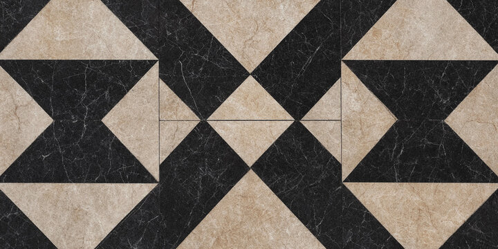 Geometric stone floor pattern. Abstract marble tile texture with black and beige shapes.