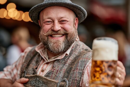 Cheerful bearded man in traditional bavarian clothing holding beer stein
