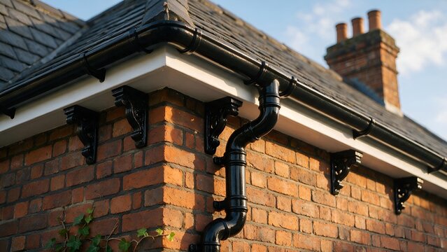 Black metallic rainwater drainage pipe system attached to the corner of a traditional red brick house exterior with slate roofing tiles under soft evening light