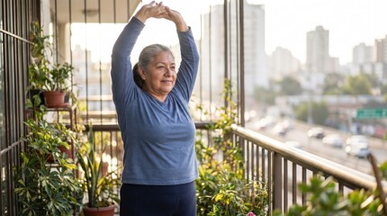 Fototapeta premium An elderly woman stretches her arms over her head on a city balcony with green plants. Warm morning light creates a peaceful wellness ritual. Ideal for mental health and aging well content.