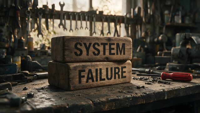 System failure text printed on two rustic wooden blocks stacked neatly upon a worn workbench inside a messy workshop filled with various professional metal tools