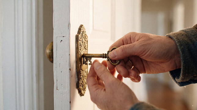 A person using an antique brass skeleton key to unlock an ornate vintage metal lock on a white wooden interior door in a home or old building.