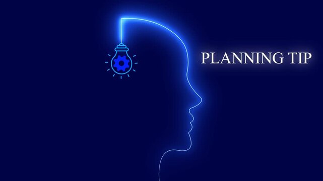 Glowing neon human head profile with bright pink light bulb representing creative planning tip and mental organization idea