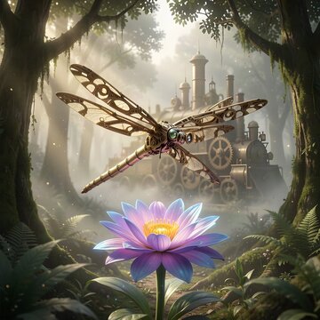 A majestic, clockwork dragonfly hovers over a vibrant, bioluminescent flower in a hidden forest glade.