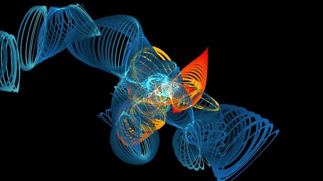 Abstract glowing wireframe lines animation expanding on a black background. Dynamic geometric light trails, energetic neon energy flow, blue and orange motion graphics