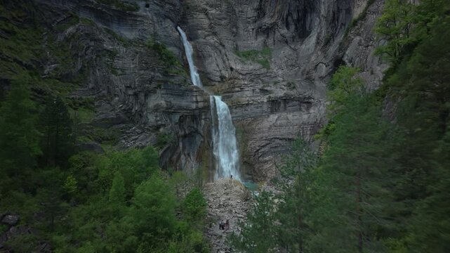 Wide view of Sorrosal Waterfall in Broto, Spanish Pyrenees