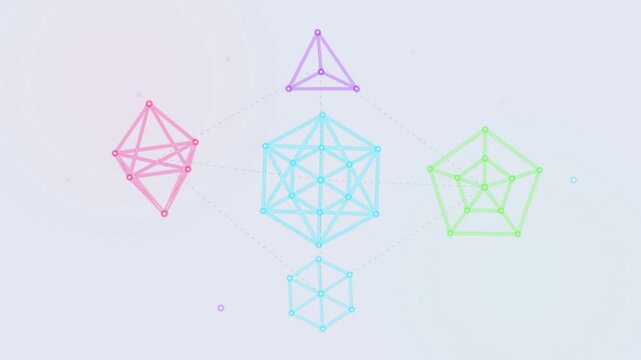 Geometric abstract sacred geometry network nodes colorful line art connected polyhedrons wireframe vector illustration