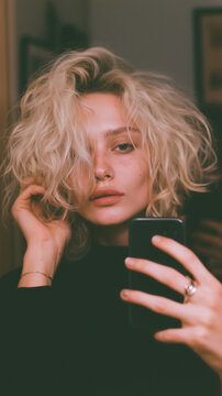young blonde woman with cropped hair pixie haircut looking in mirror taking selfie faceless black and white photo mysterious brand marketing vlogging