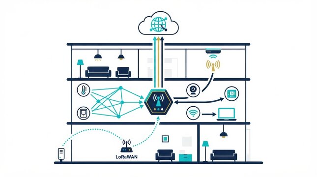 A visualization of a smart building automation system shows HVAC control, sensor networks, and IoT for energy management inside a modern structure.