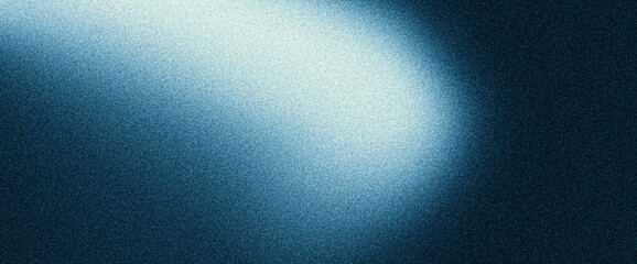 Fototapeta na wymiar Blurred blue glowing light spot on dark grainy background, grain texture gradient shape on black backdrop, abstract technology website header, banner, vibrant poster, cover, wallpaper design