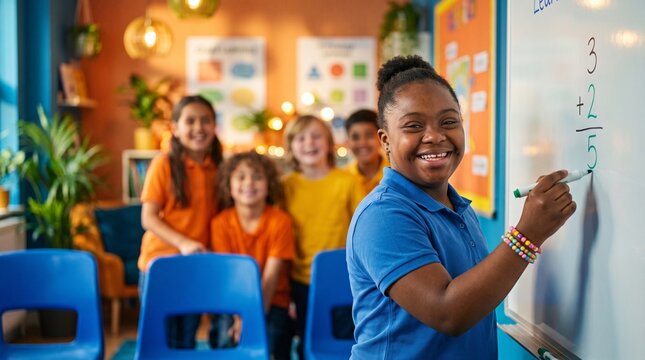 Black girl with Down syndrome solving math problem on classroom whiteboard