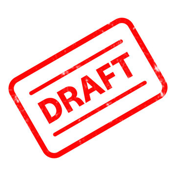Red draft rubber stamp icon, weathered grunge text mark on white background, rectangular office ink stamp for document status and paperwork